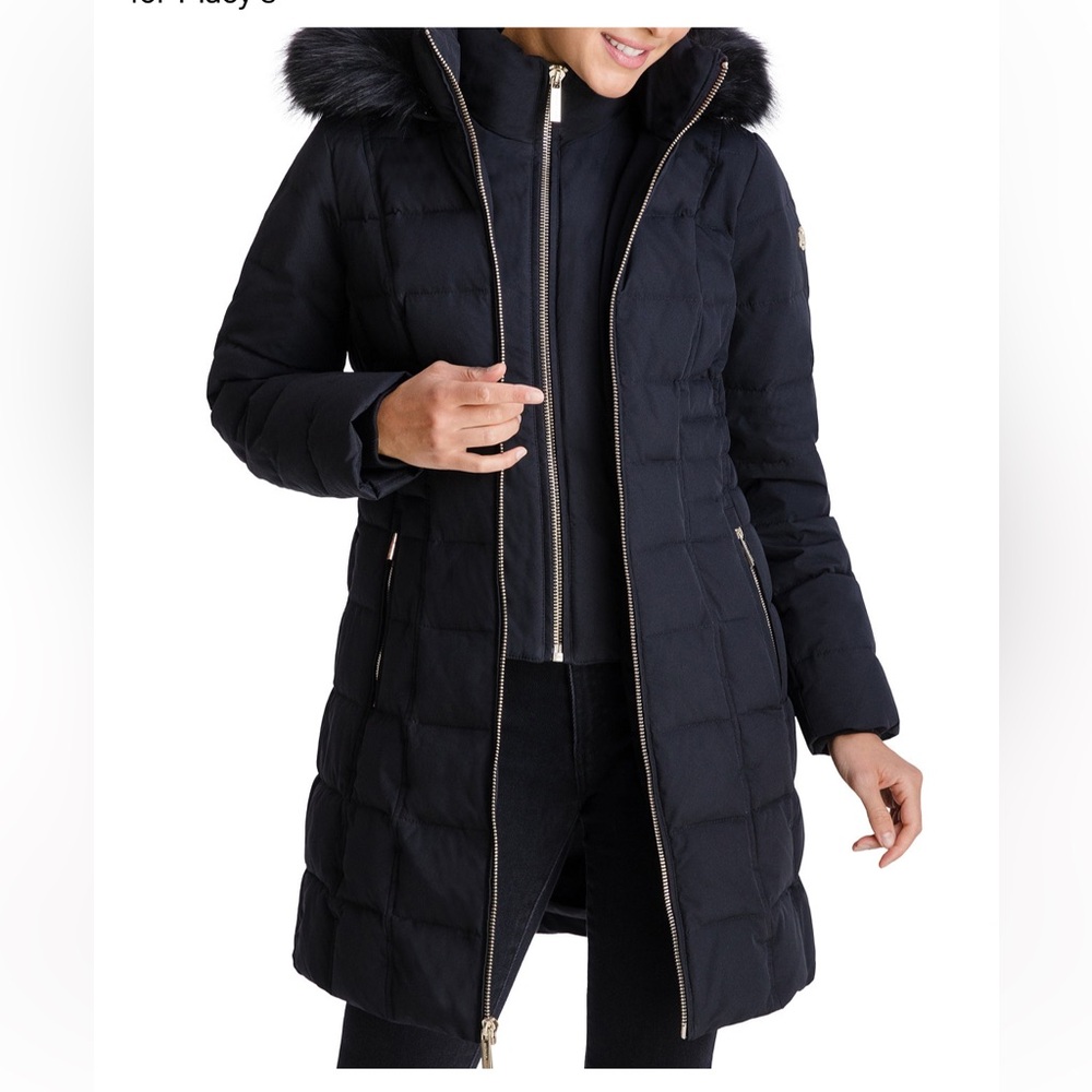 MICHAEL Michael Kors Black Quilted Puffer Coat with Faux Fur Trim